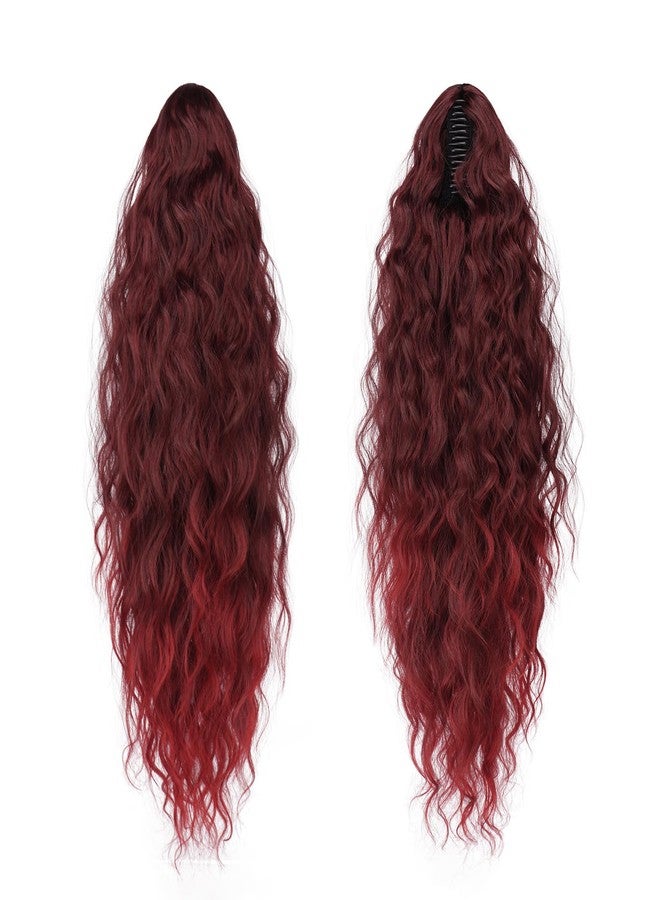 FESHFEN Claw Clip Ponytail Extensions - Long Pony Tail Hair Piece Wavy Curly Synthetic Hairpieces for Women, Black Ombre Red 26 inch - Image 2